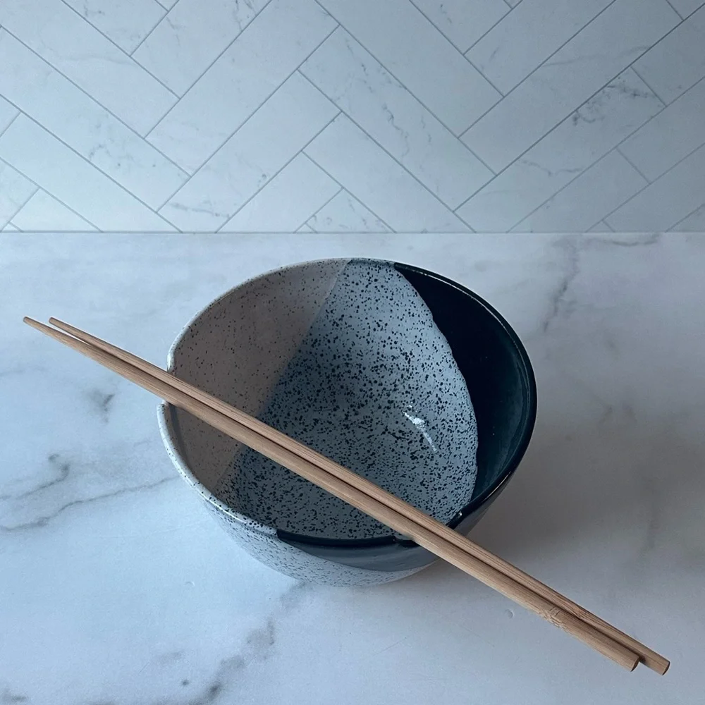Handmade Ceramic White & Black Ramen Bowl with Chopsticks - After Hours Pottery